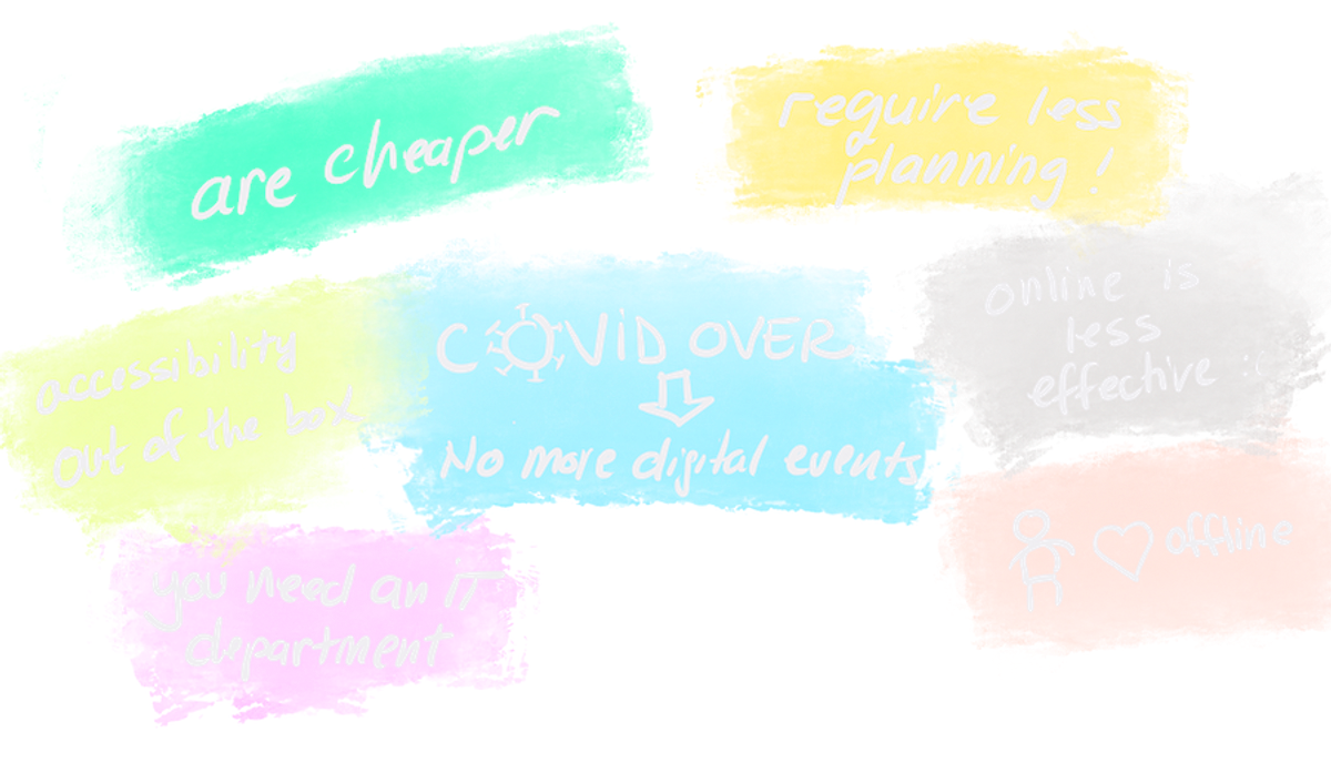 Handwritten texts: "are cheaper", "require planning", "covid over, no more digital events", on colourful pastel backgrounds