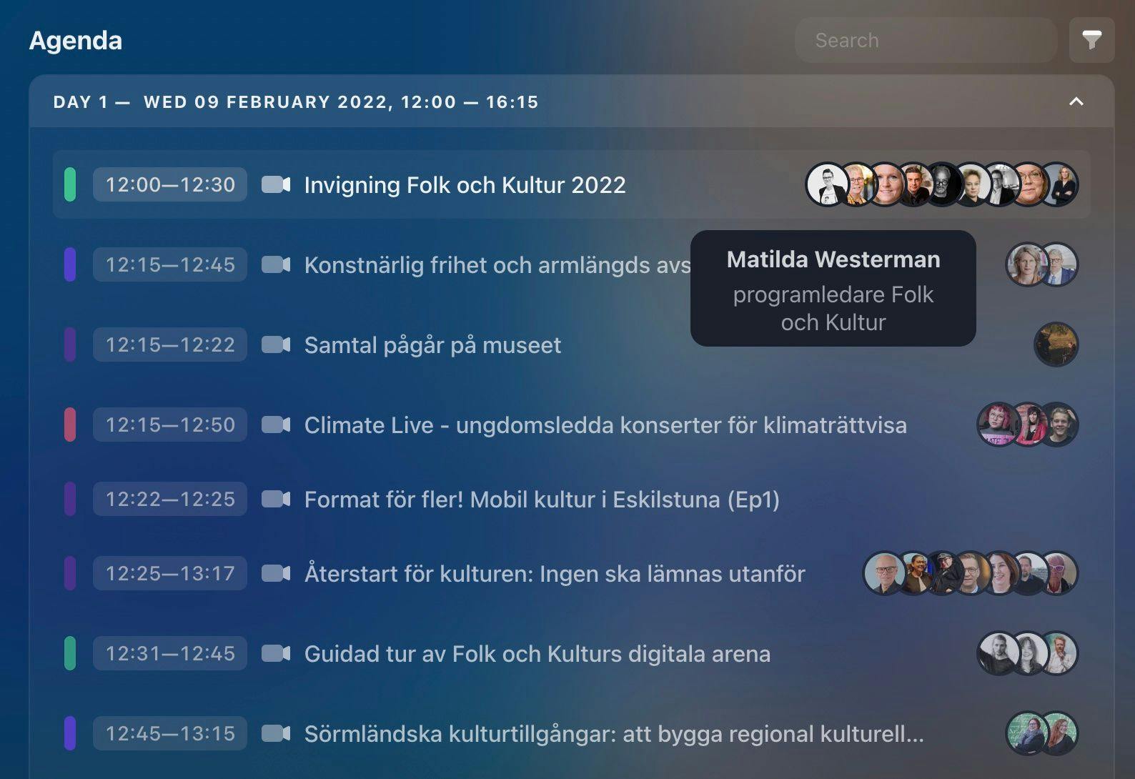 A screenshot of the agenda section for the Folk och Kultur event