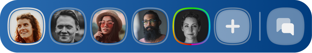 A screenshot of the frontrow feature, showng a series of people profile photos , a plus and a chat icon